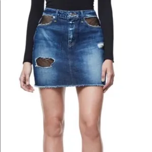 Good American Distressed Fishnet Mesh Denim Skirt