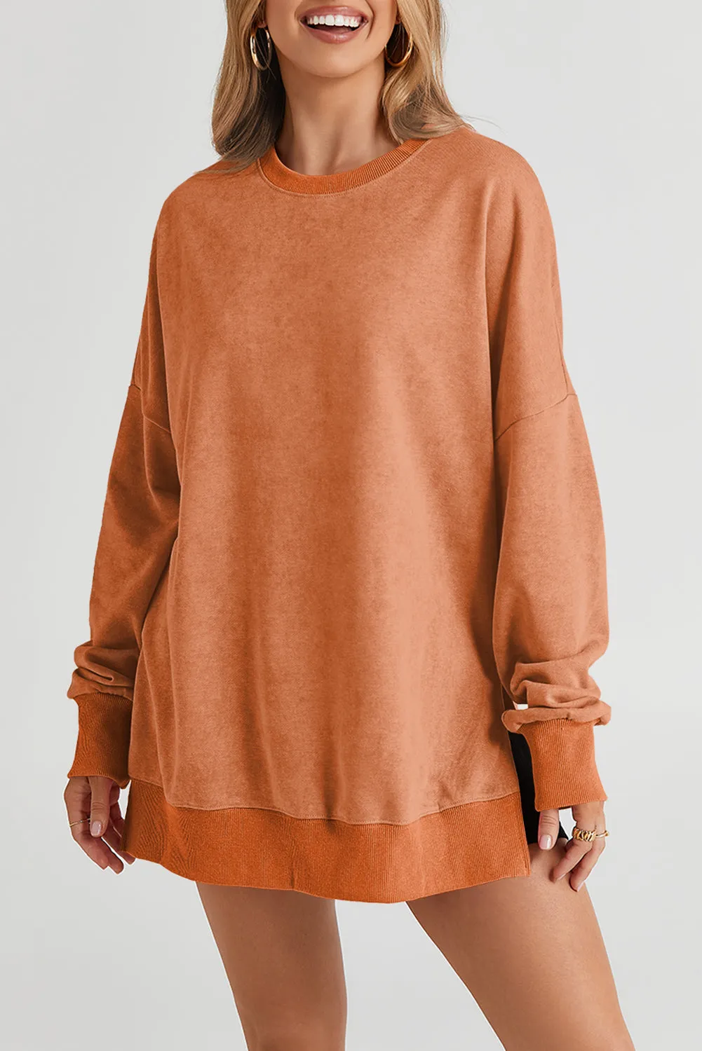 Grapefruit Orange Drop Shoulder Ribbed Trim Oversized Sweatshirt