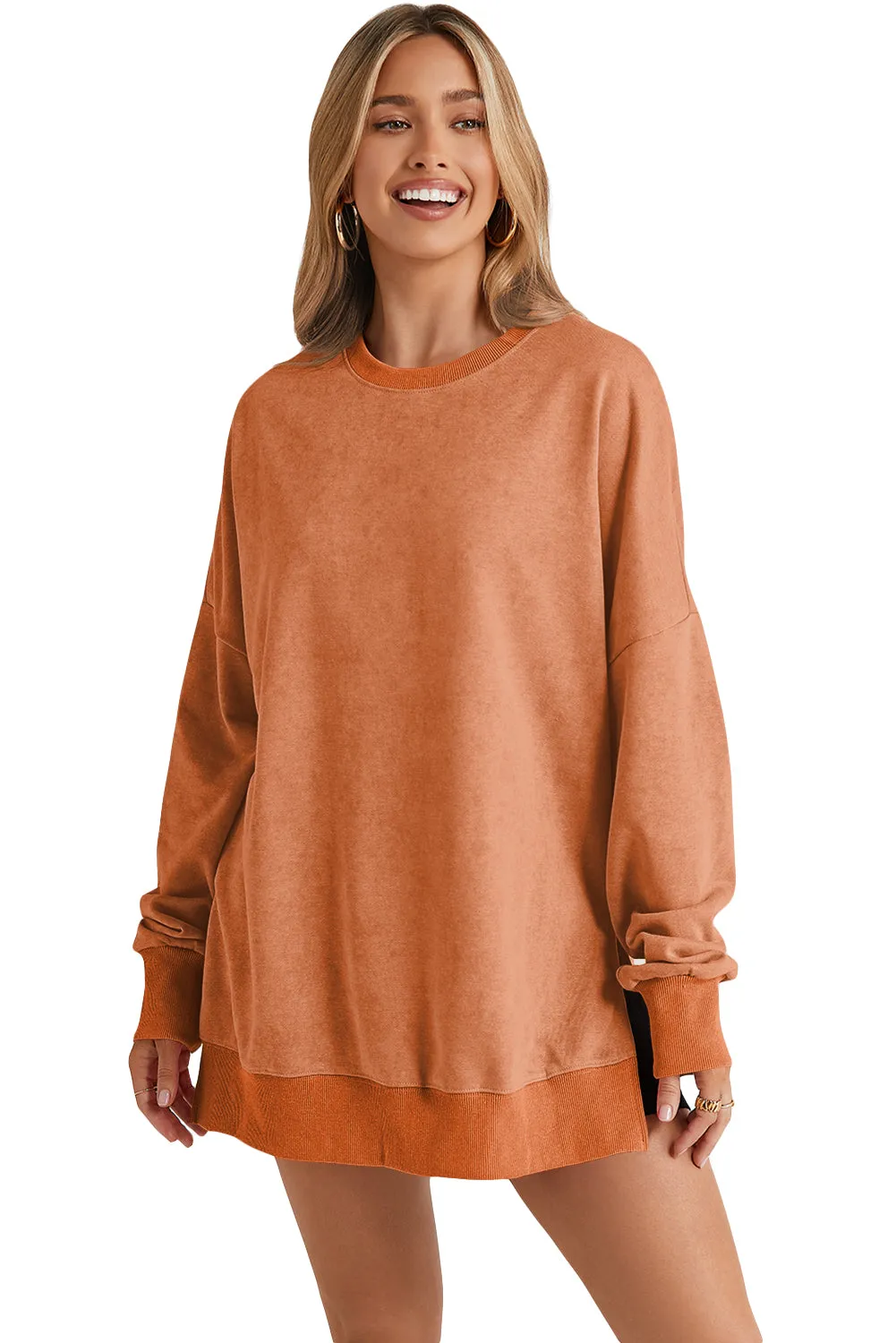 Grapefruit Orange Drop Shoulder Ribbed Trim Oversized Sweatshirt
