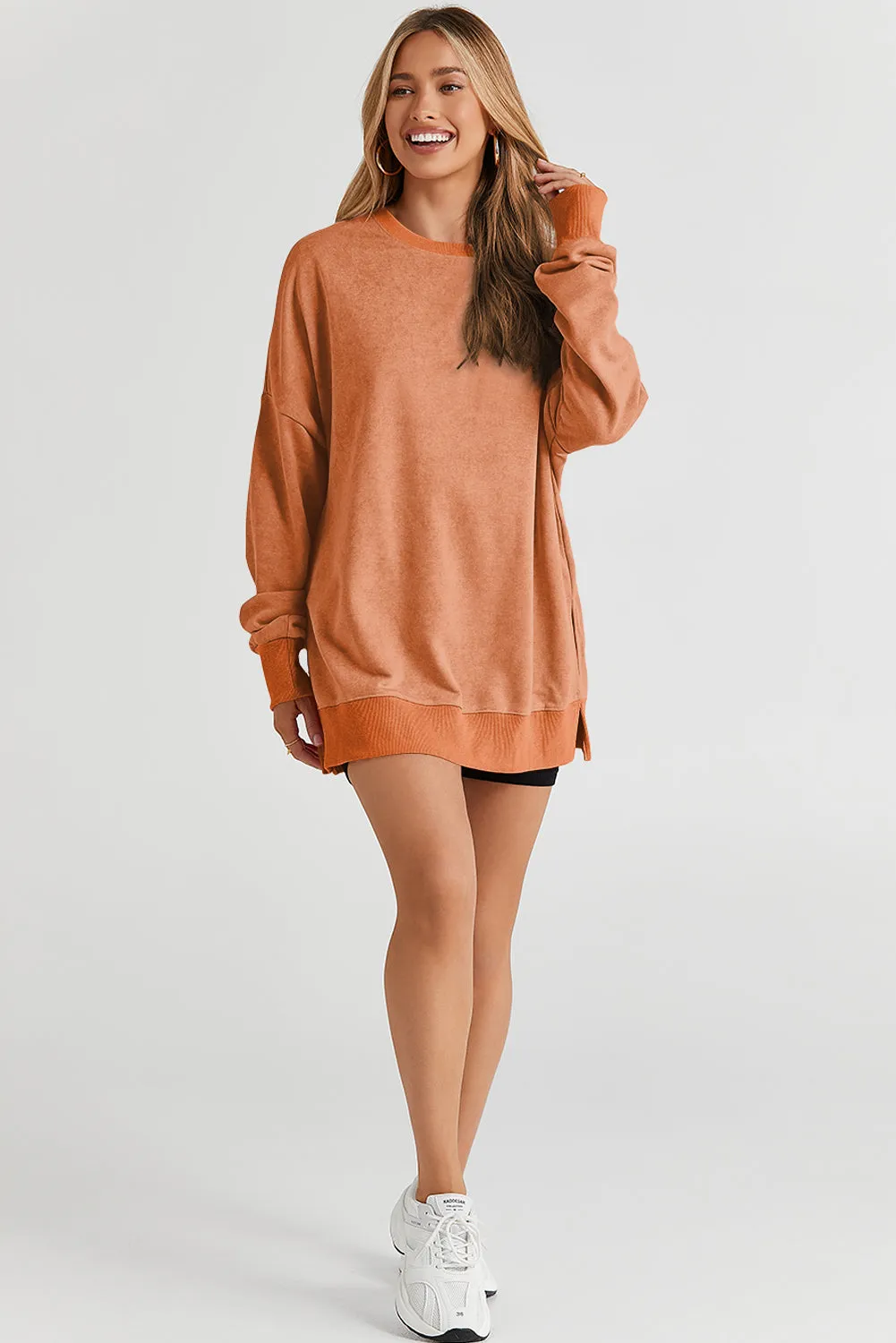 Grapefruit Orange Drop Shoulder Ribbed Trim Oversized Sweatshirt