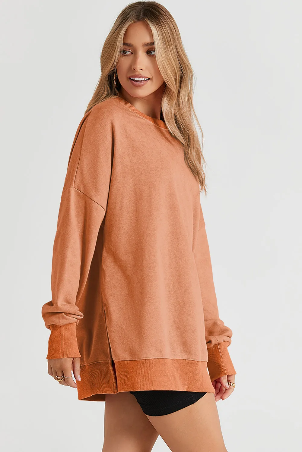 Grapefruit Orange Drop Shoulder Ribbed Trim Oversized Sweatshirt