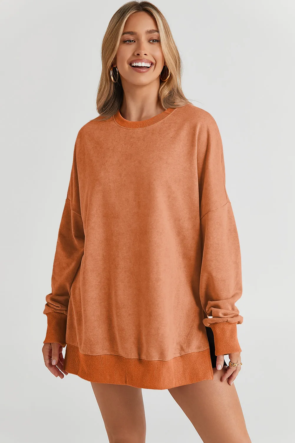 Grapefruit Orange Drop Shoulder Ribbed Trim Oversized Sweatshirt