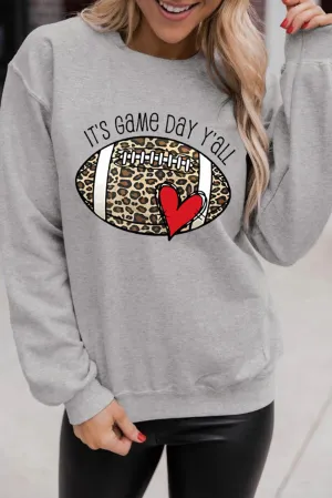 Gray IT\'S GAME DAY Y\'ALL Leopard Rugby Print Graphic Sweatshirt