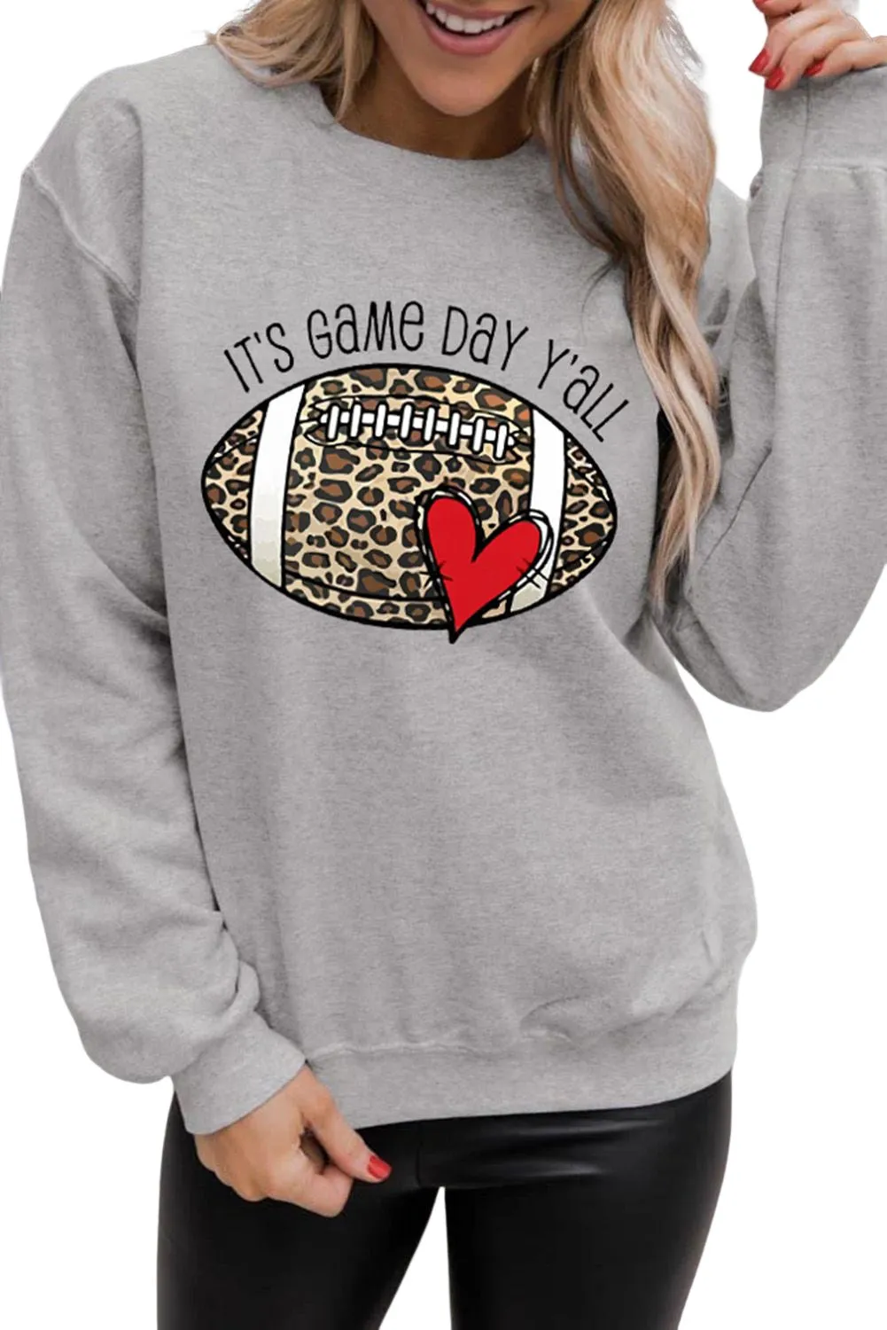 Gray IT\'S GAME DAY Y\'ALL Leopard Rugby Print Graphic Sweatshirt