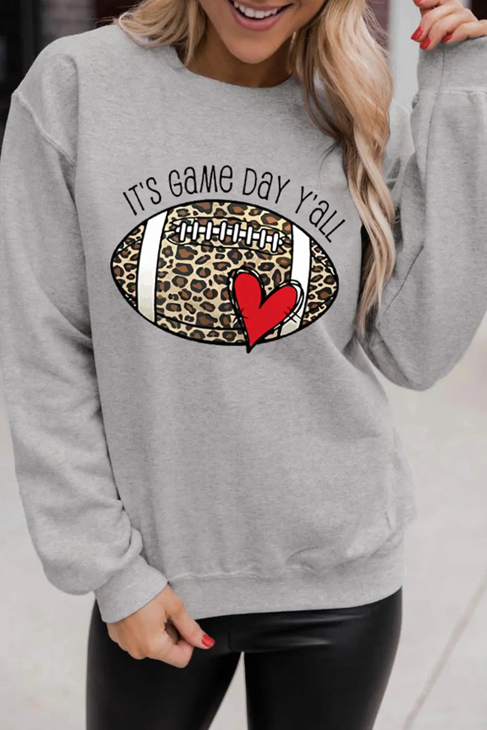 Gray IT\'S GAME DAY Y\'ALL Leopard Rugby Print Graphic Sweatshirt