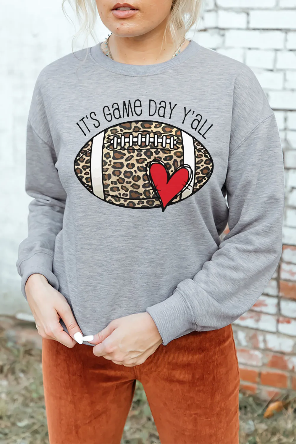 Gray IT\'S GAME DAY Y\'ALL Leopard Rugby Print Graphic Sweatshirt