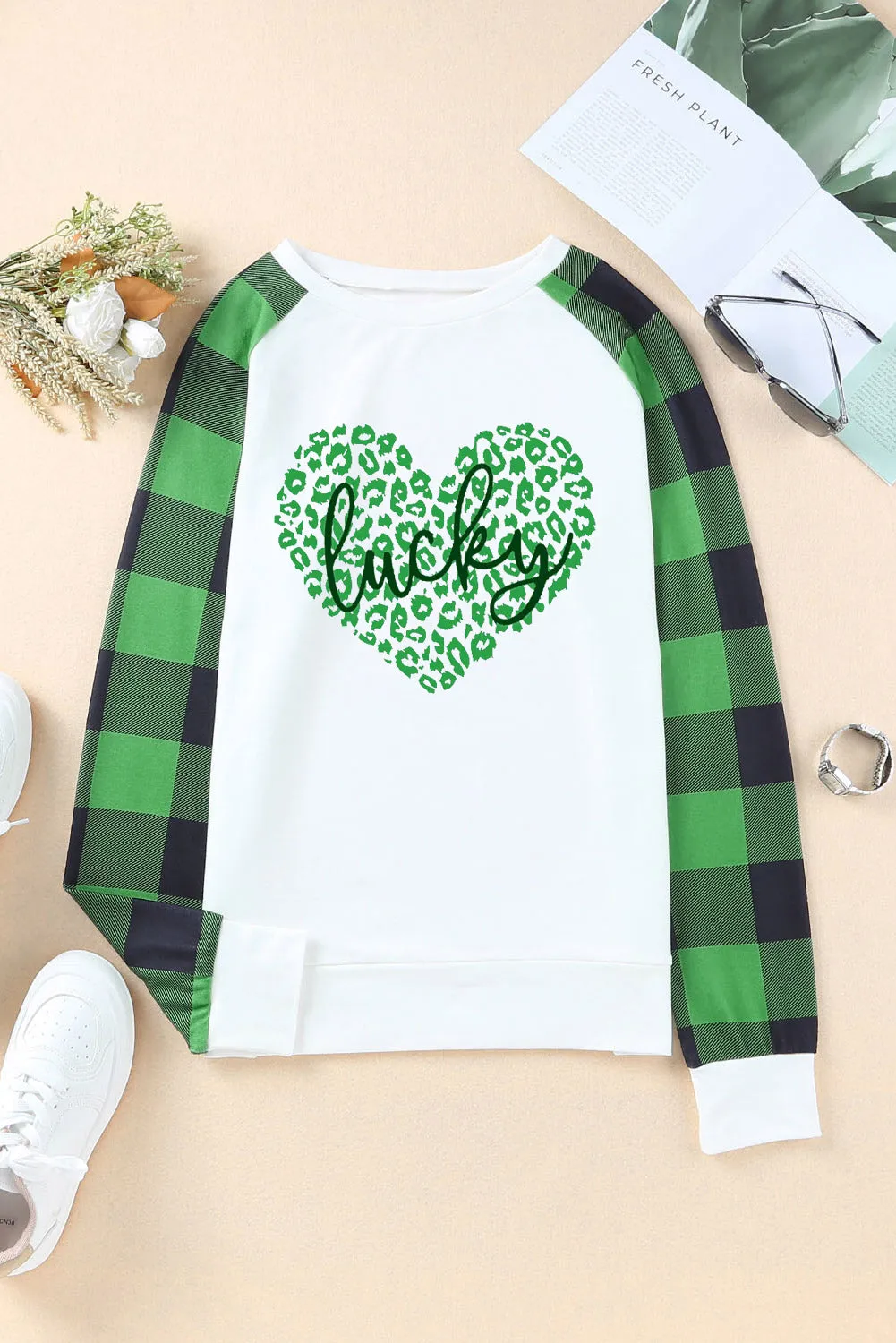 Green Lucky Heart Pattern Leopard & Buffalo Plaid Sweatshirt