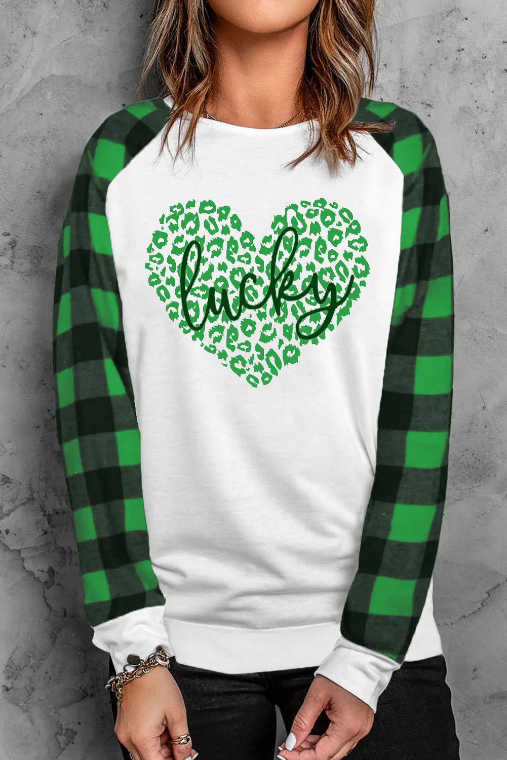 Green Lucky Heart Pattern Leopard & Buffalo Plaid Sweatshirt