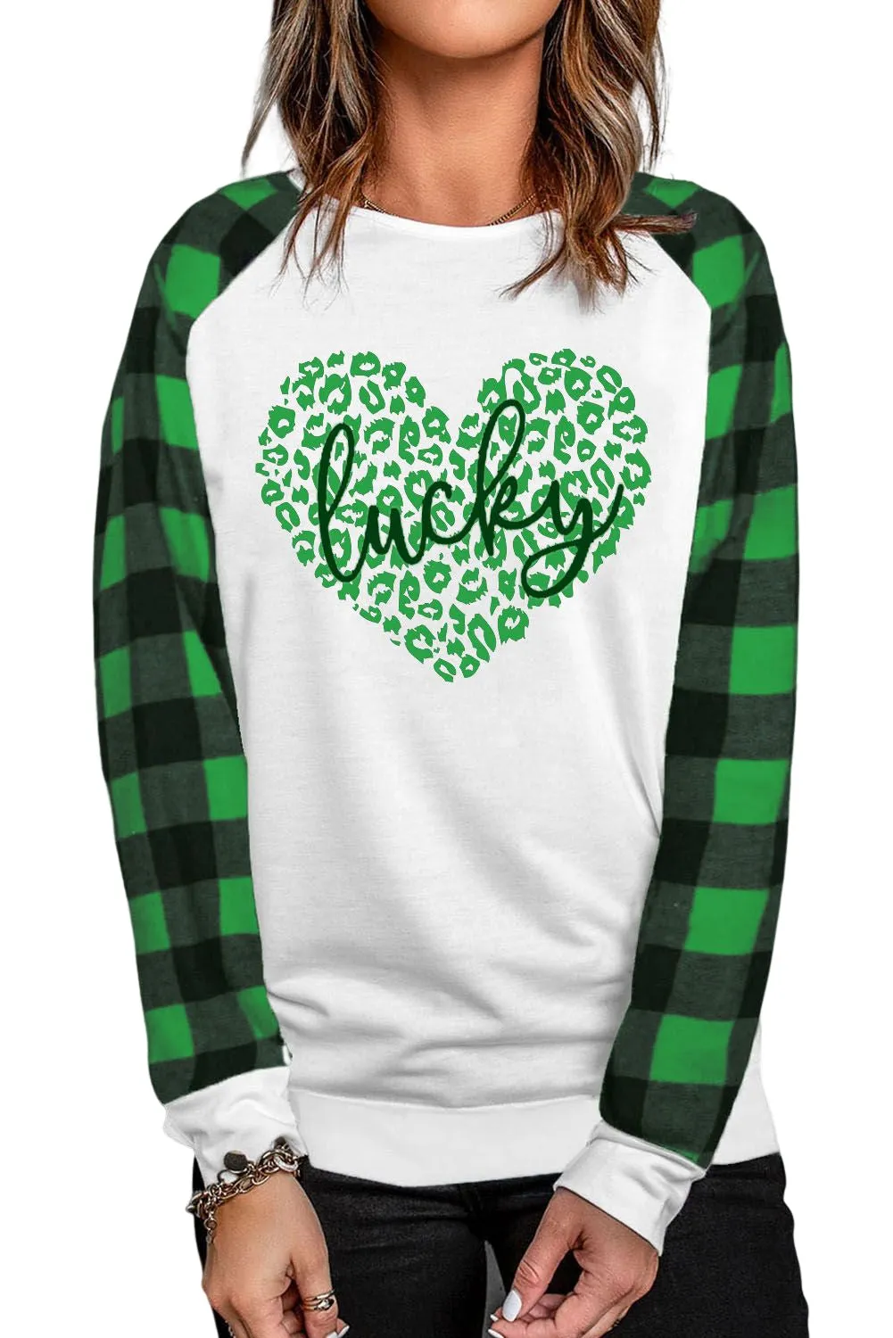 Green Lucky Heart Pattern Leopard & Buffalo Plaid Sweatshirt
