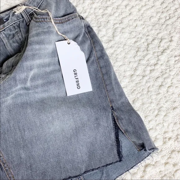 GRLFRND Blaire denim jean button fly raw hem gray grey mini skirt