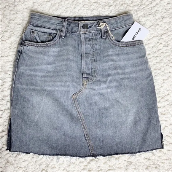 GRLFRND Blaire denim jean button fly raw hem gray grey mini skirt