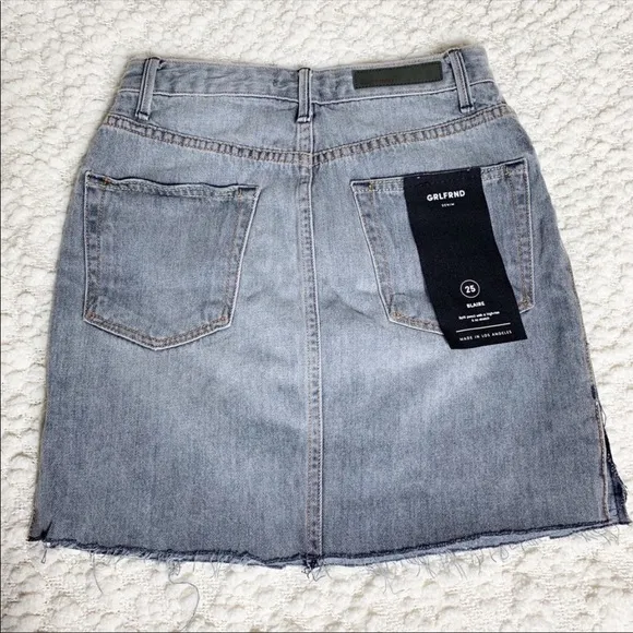 GRLFRND Blaire denim jean button fly raw hem gray grey mini skirt