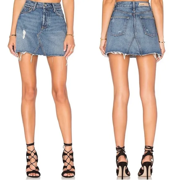 GRLFRND Eva A-Frame Gusset Denim Skirt in Walk This Way Size 25 Reviove