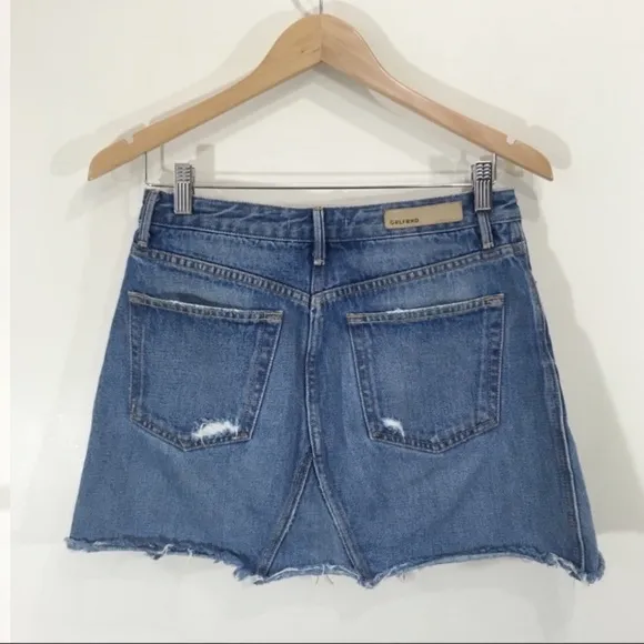 Grlfrnd Sz 27 Eva Gusset Denim Skirt High Waist distressed raw fringe hem
