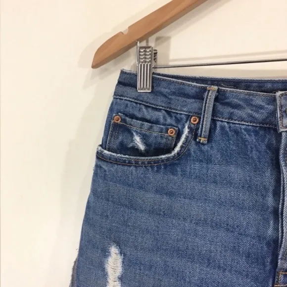 Grlfrnd Sz 27 Eva Gusset Denim Skirt High Waist distressed raw fringe hem
