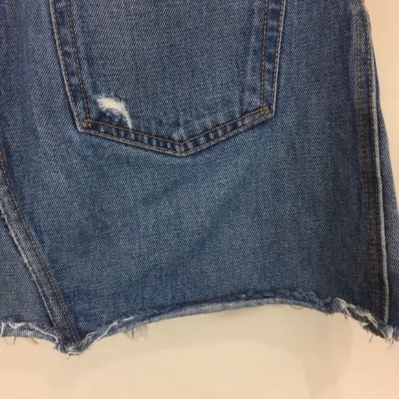 Grlfrnd Sz 27 Eva Gusset Denim Skirt High Waist distressed raw fringe hem