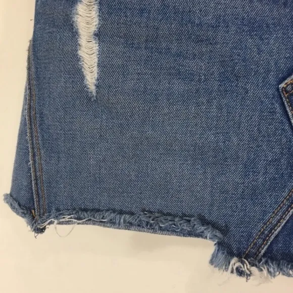 Grlfrnd Sz 27 Eva Gusset Denim Skirt High Waist distressed raw fringe hem