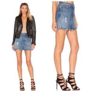 Grlfrnd Sz 27 Eva Gusset Denim Skirt High Waist distressed raw fringe hem