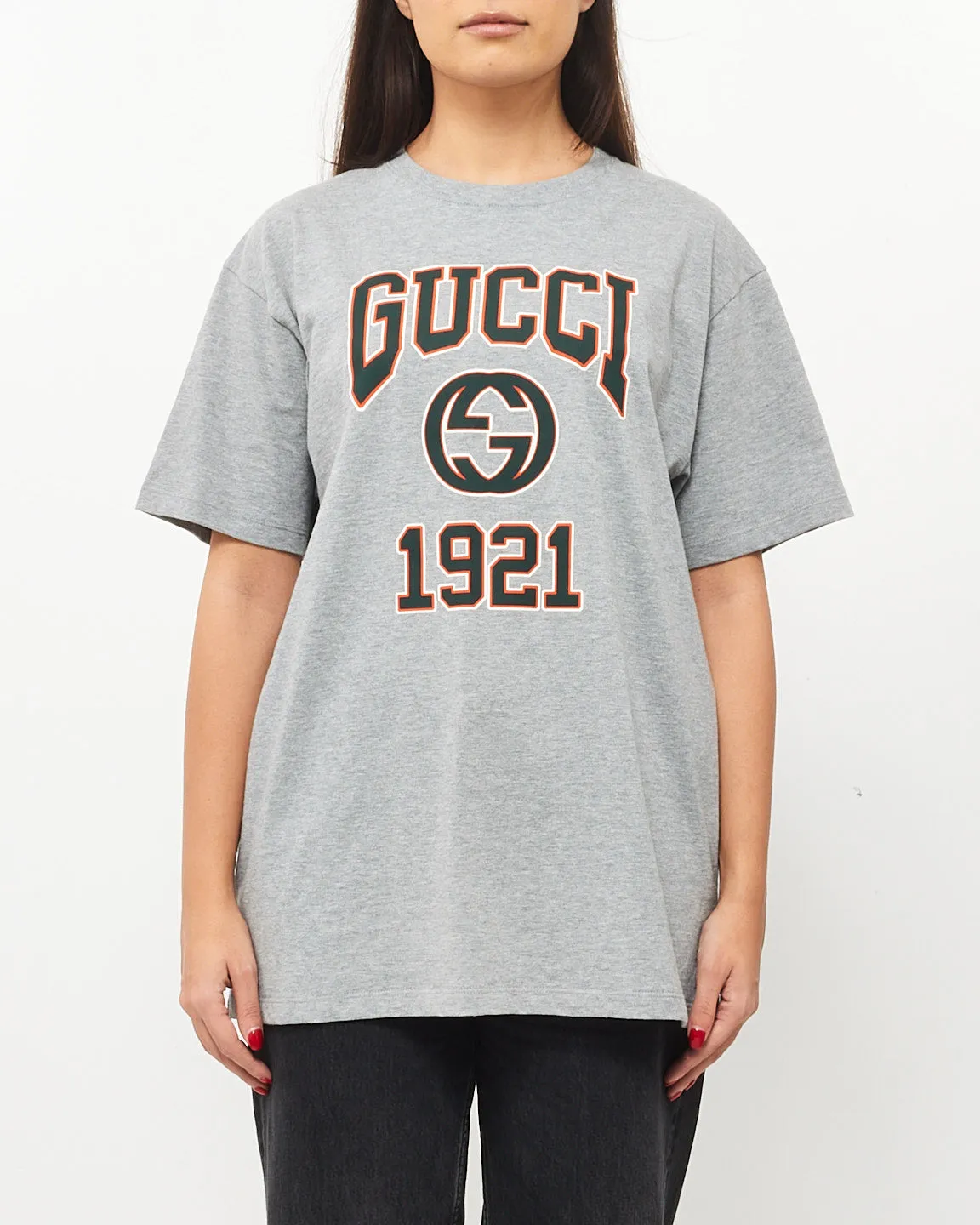 Gucci Grey Cotton T Shirt W Green & Orange GG 1921 Logo - S