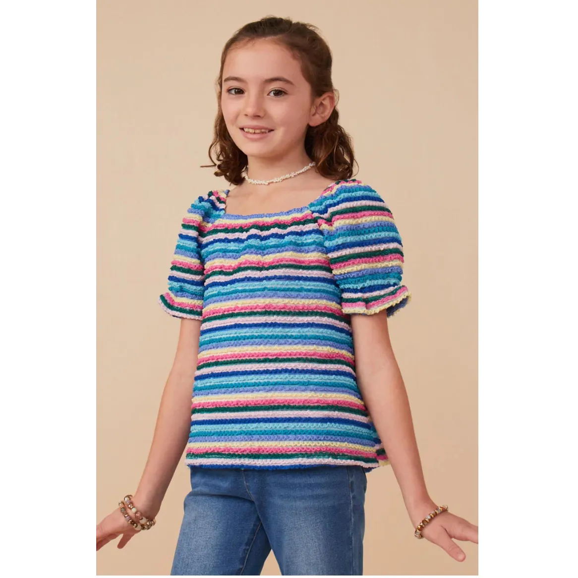 Hayden Girls Textured Frill Striped T Shirt