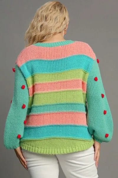 Hazel Blues® | Umgee Color Block Cable Knit Sweater with Pom Pom