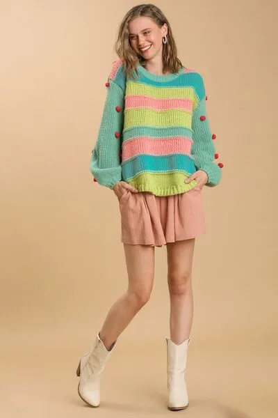 Hazel Blues® | Umgee Color Block Cable Knit Sweater with Pom Pom