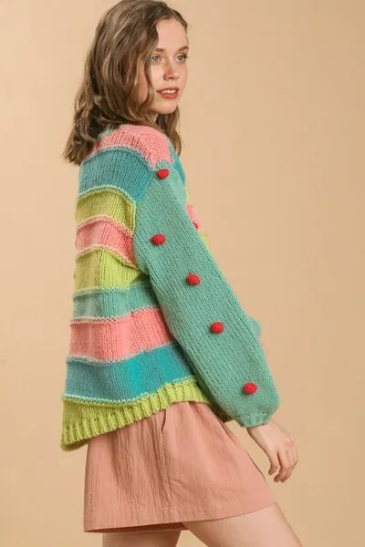 Hazel Blues® | Umgee Color Block Cable Knit Sweater with Pom Pom