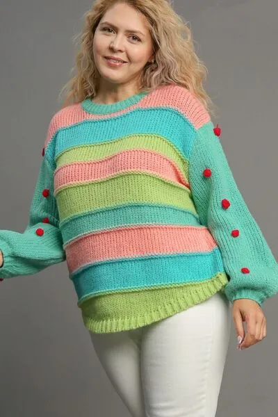 Hazel Blues® | Umgee Color Block Cable Knit Sweater with Pom Pom