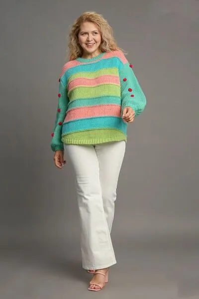 Hazel Blues® | Umgee Color Block Cable Knit Sweater with Pom Pom