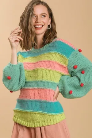 Hazel Blues® | Umgee Color Block Cable Knit Sweater with Pom Pom