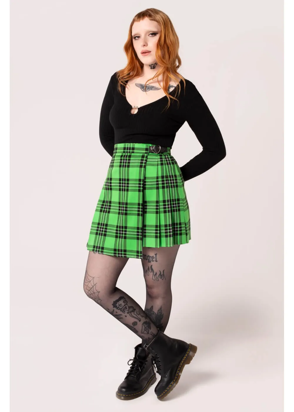 Hell Bunny Corey Tartan Heart 80's Skirt Green