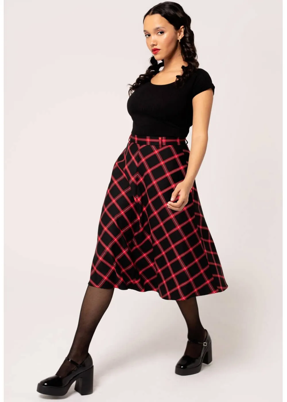Hell Bunny Janine Tartan A-Line Skirt Black Red