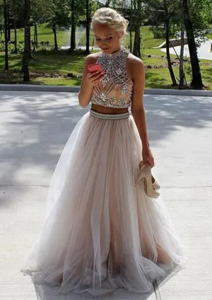High Neck Sleeveless Keyhole Back Tulle Beaded Long Two Piece Prom Dress
