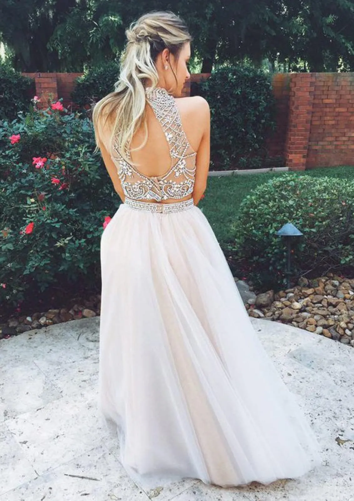 High Neck Sleeveless Keyhole Back Tulle Beaded Long Two Piece Prom Dress