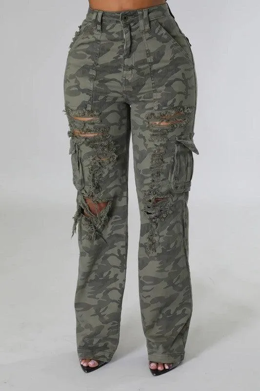 High Rise Green Camo Destroyed Cargo Pants