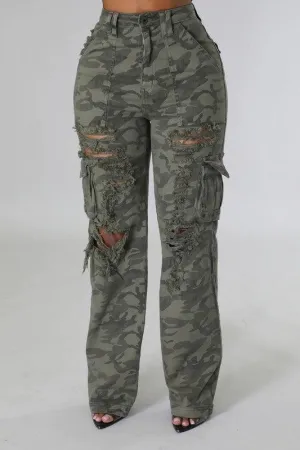 High Rise Green Camo Destroyed Cargo Pants