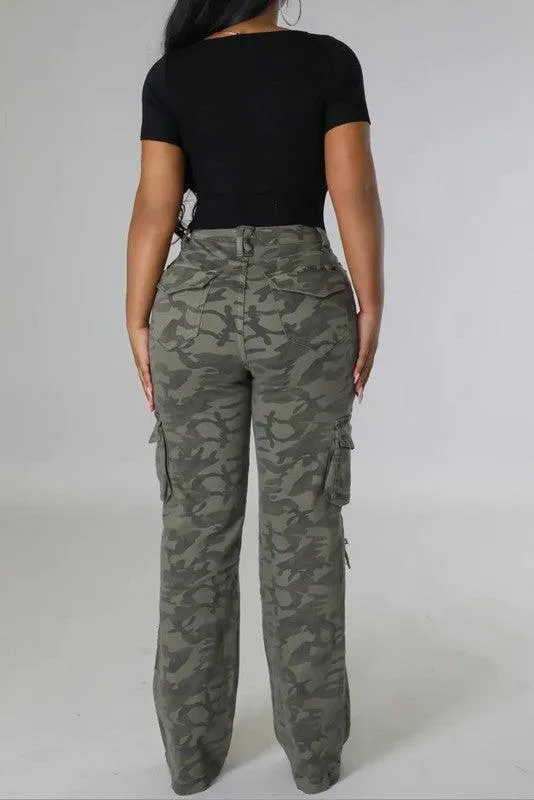 High Rise Green Camo Destroyed Cargo Pants