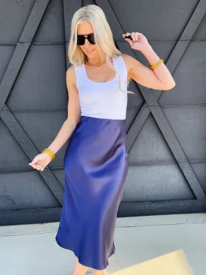 High Waisted Satin Midi Skirt In Indigo Blue