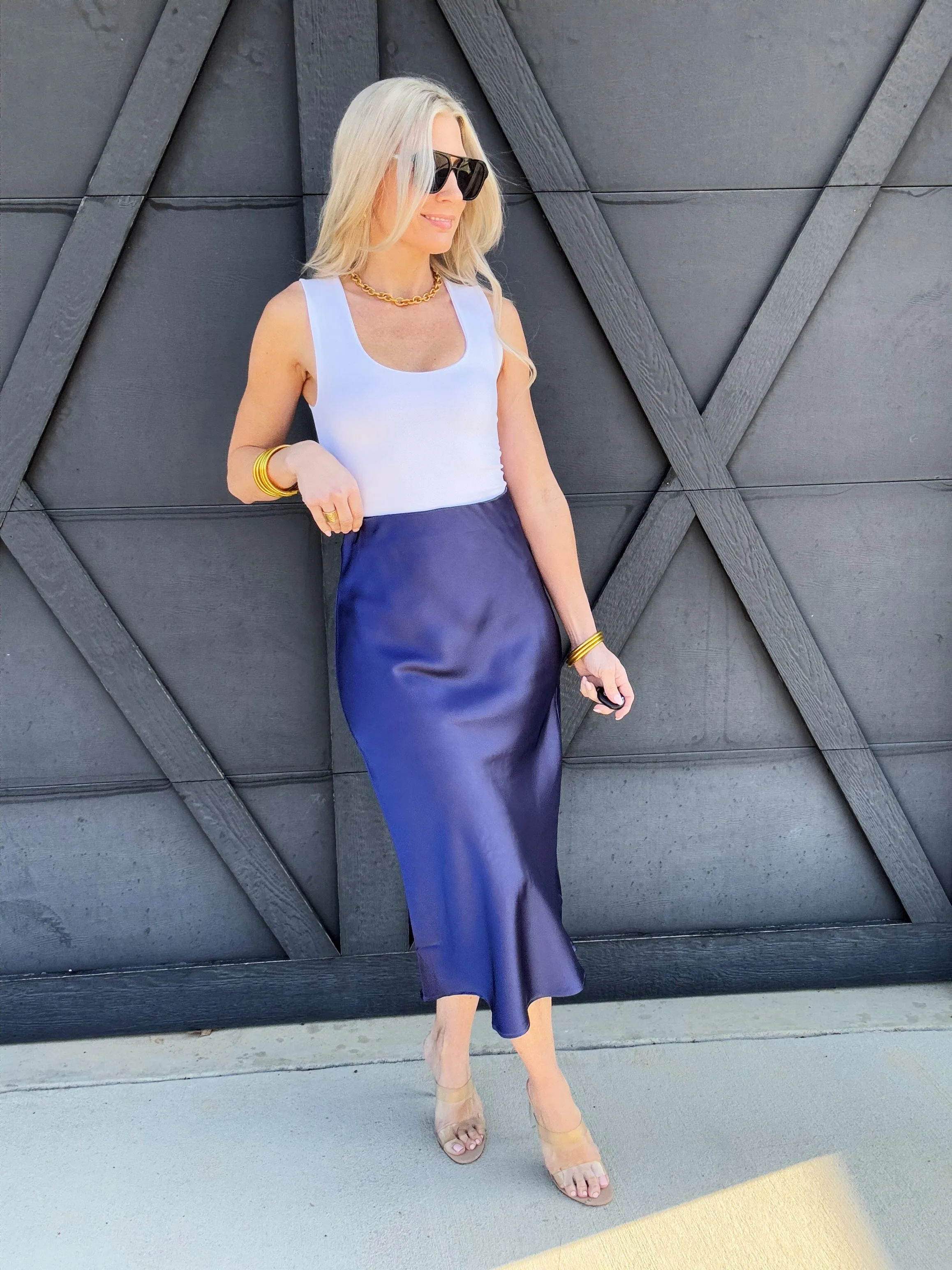 High Waisted Satin Midi Skirt In Indigo Blue
