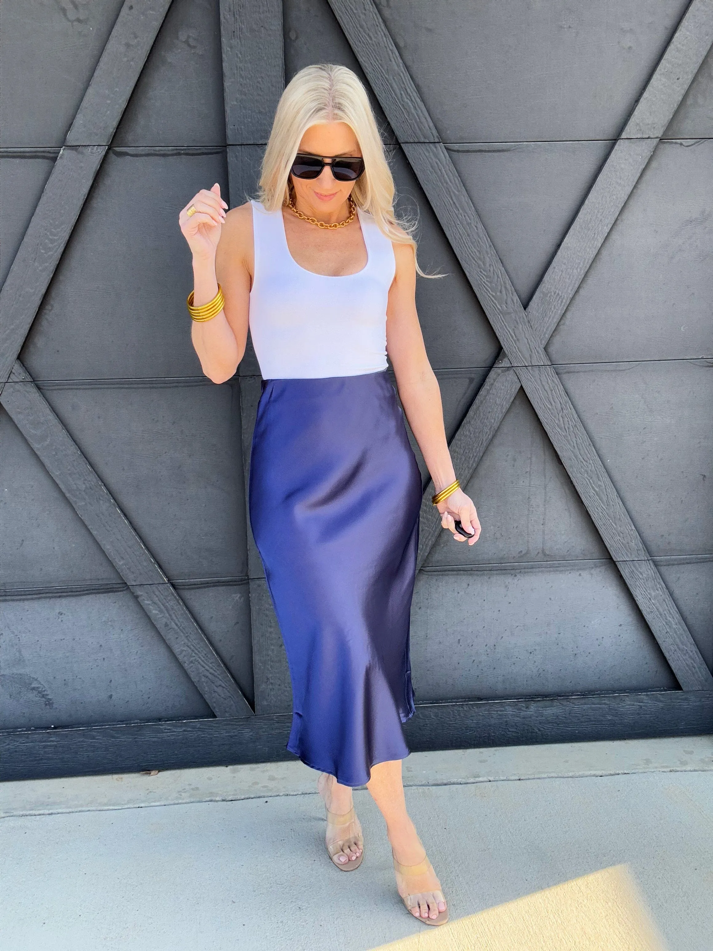 High Waisted Satin Midi Skirt In Indigo Blue