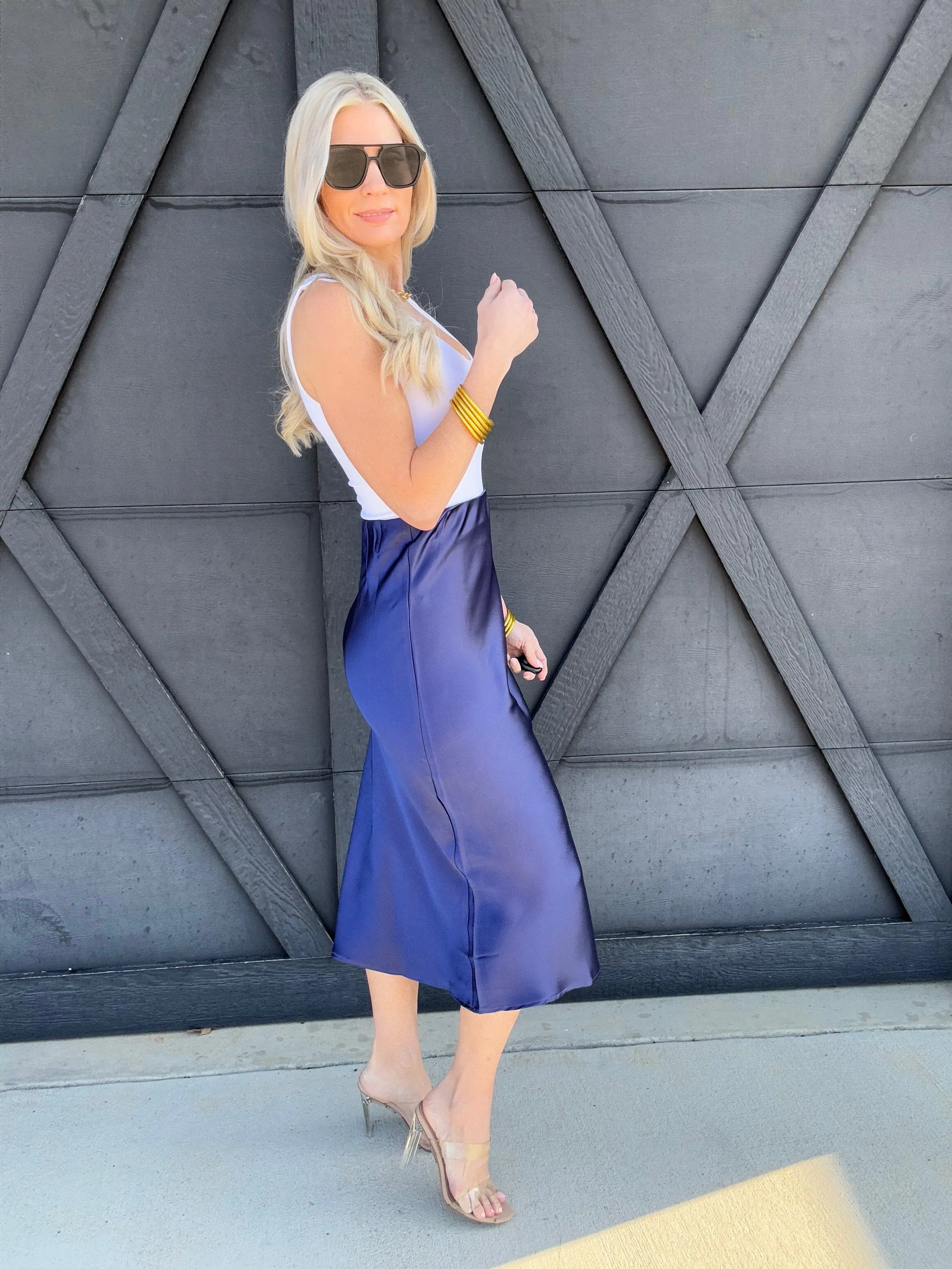 High Waisted Satin Midi Skirt In Indigo Blue