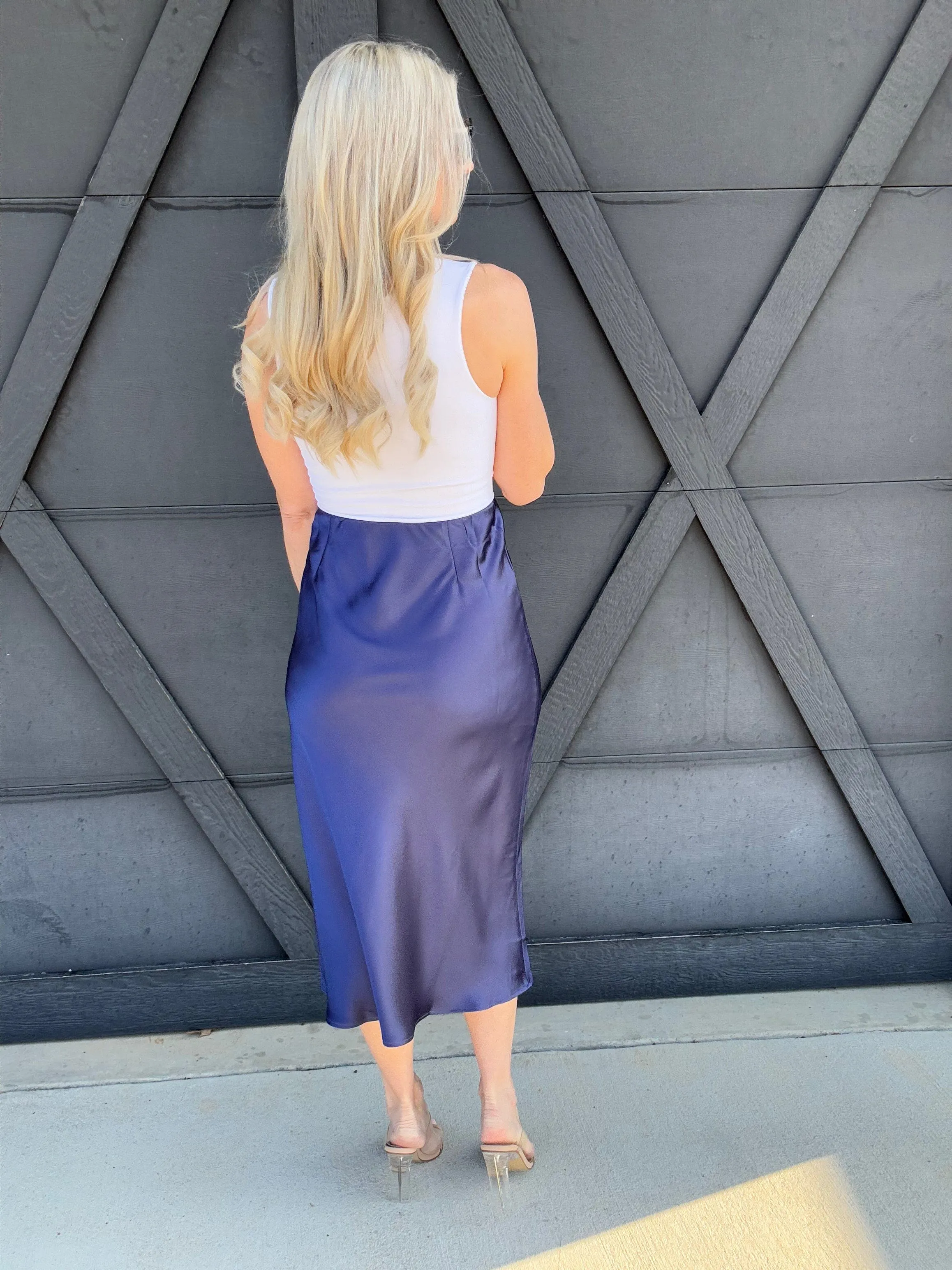 High Waisted Satin Midi Skirt In Indigo Blue