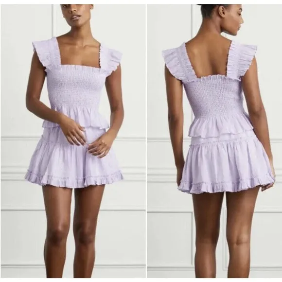 Hill House The Paz Skirt Lilac Stripe Linen A Line Ruffled Tiered Large NWT