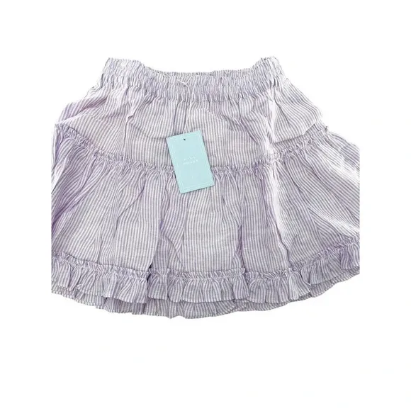 Hill House The Paz Skirt Lilac Stripe Linen A Line Ruffled Tiered Large NWT