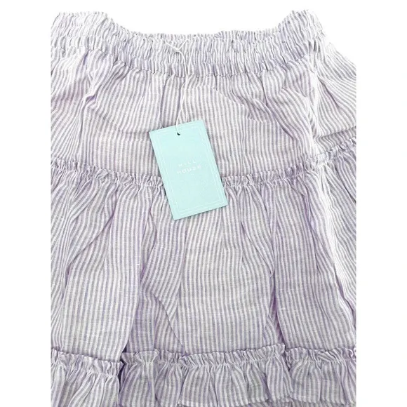 Hill House The Paz Skirt Lilac Stripe Linen A Line Ruffled Tiered Large NWT