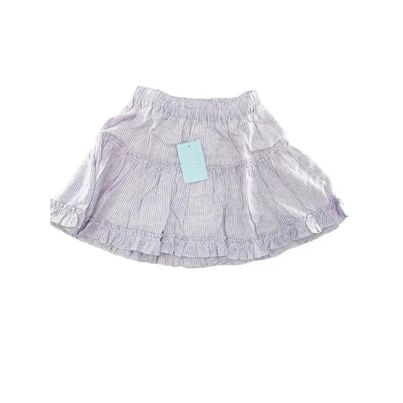 Hill House The Paz Skirt Lilac Stripe Linen A Line Ruffled Tiered Large NWT
