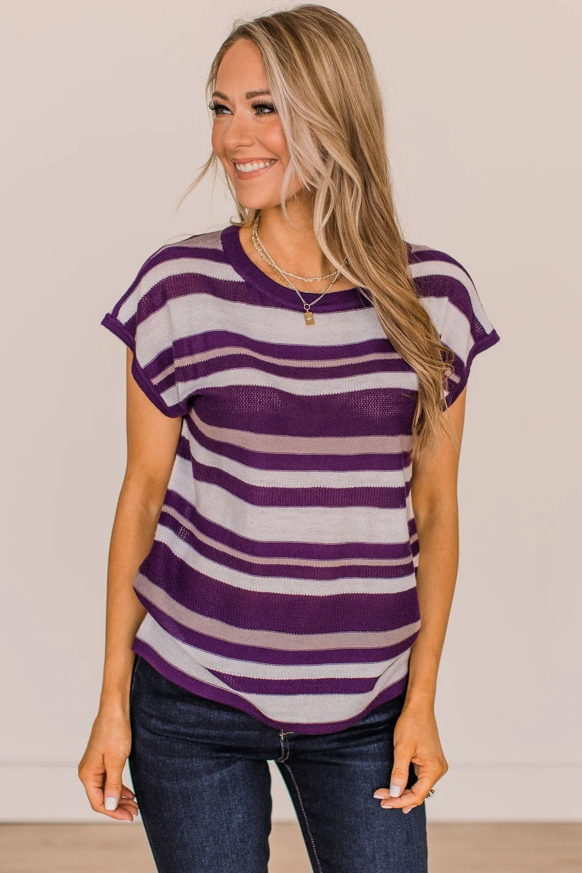 Hold Tight Striped Knit Top- Ivory & Purple