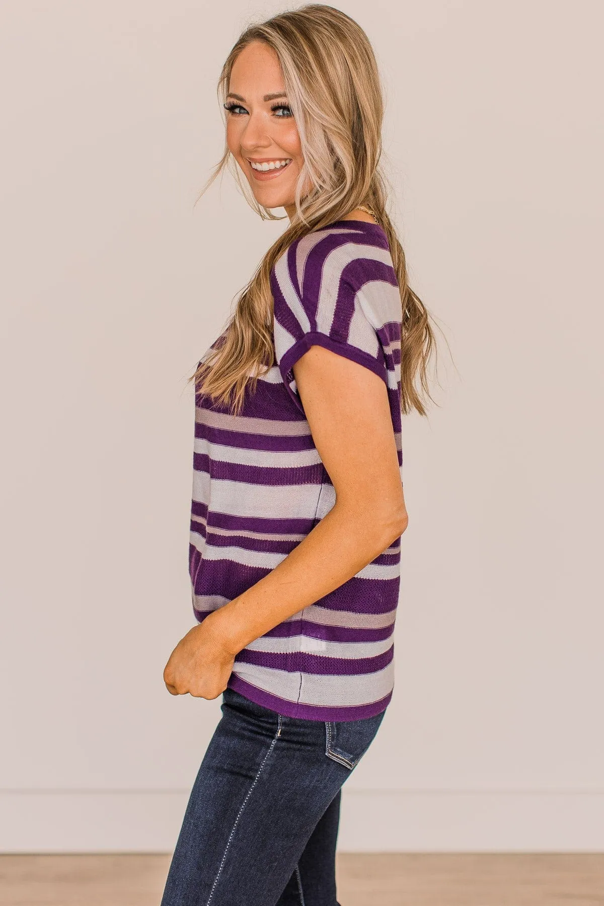 Hold Tight Striped Knit Top- Ivory & Purple