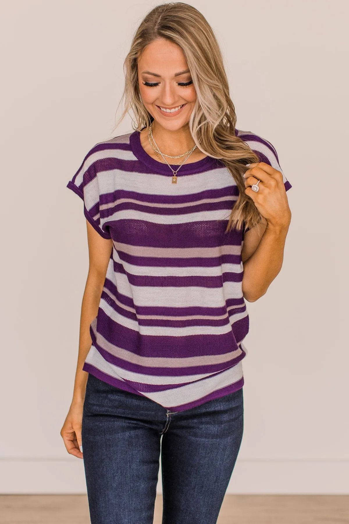 Hold Tight Striped Knit Top- Ivory & Purple