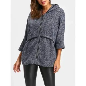 Hooded Batwing Sleeve Tunic Wool Coat - Blue One Size